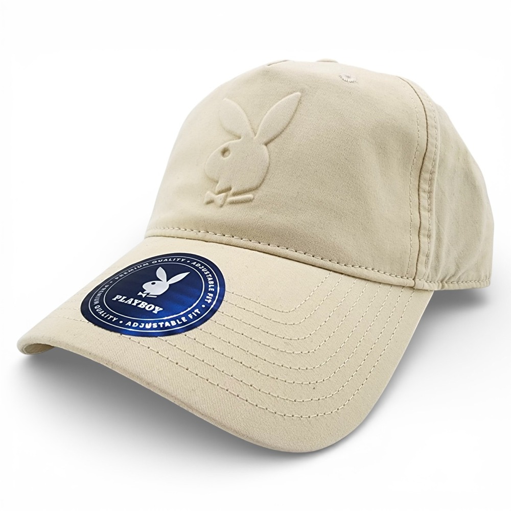 Playboy Embossed Bunny Logo Dad Hat Adjustable‎ Strap Back Khaki Tan Cotton NEW